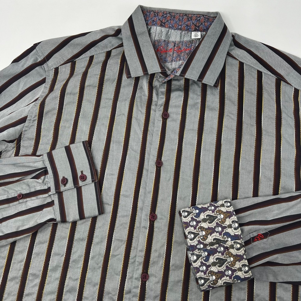 Robert Graham Mens XL Classic Fit Striped Shirt Skull Flip Cuff Gray Cotton